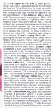 Biała etykieta tamponów Facelle Silkfeel Mini, 32 sztuki, z czarnym tekstem w wielu językach i różowym marginesem.