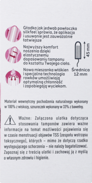 Panel informacyjny tamponów Facelle Silk Feel Mini: cechy, wymiary (45x12mm) i ostrzeżenie o TSS.