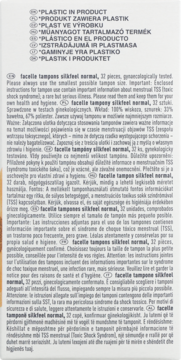 Tył opakowania tamponów Facelle Silkfeel Normal, 32 sztuki. Białe tło z wielojęzycznymi instrukcjami i ostrzeżeniem o plastiku.