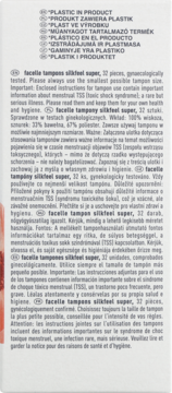 Etykieta Facelle tampons silkfeel super, 32 sztuki, z ostrzeżeniem "PLASTIC IN PRODUCT" i instrukcjami użycia.