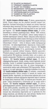 Etykieta facelle tampons silkfeel super, 32 sztuki. Informacje o plastiku i testach ginekologicznych, TSS.