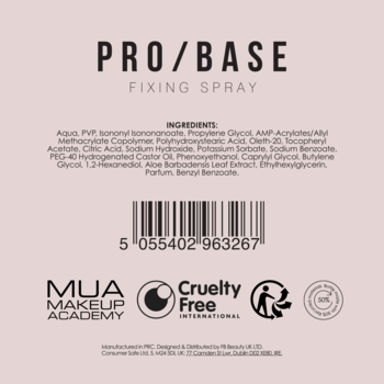 Tył opakowania MUA Pro Base Fixing Spray w jasnoróżowym kolorze, z listą składników, kodem kreskowym i logo Cruelty Free.