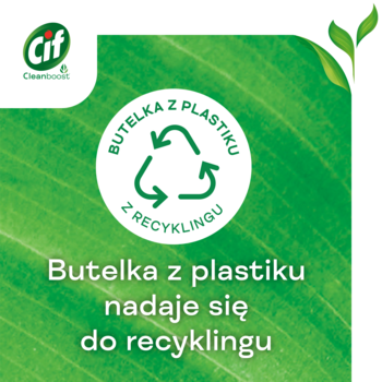 Cif: zielone tło z liśćmi, biały okrągły symbol recyklingu i tekst o butelce z plastiku do recyklingu.