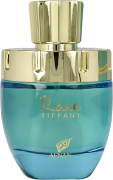 Perfumy Afnan Rare Tiffany w turkusowej butelce ze złotym korkiem, widoczne napisy i logo na froncie.