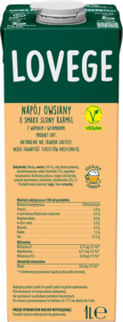 Tył kartonu wegańskiego napoju owsianego Lovege Słony Karmel 1L, z zielonym opakowaniem i etykietą odżywczą.