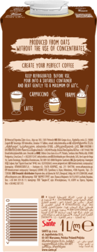 Tył brązowego kartonu Lovege Barista Owies. Instrukcje do kaw latte, cappuccino, frappe, bez cukru.