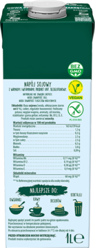 Tył zielonego kartonu napoju sojowego 1L. Widoczne informacje o składzie, wartościach odżywczych, logo Vegan i Bez GMO.