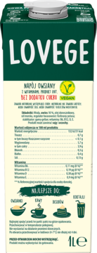 Tył zielonego kartonu Lovege Napój Owsiany bez cukru, z informacją o składnikach i wartościach odżywczych.