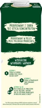 Tył zielonego kartonu napoju owsianego UHT, z białym tekstem o składzie i witaminach E, D, B6, B12.