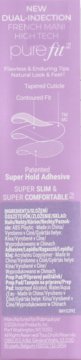 Fioletowe opakowanie tips3w PureFit French Mani. Z tekstem o Dual-Injection i Super Hold Adhesive, widok z przodu.