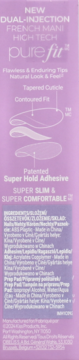 Fioletowe opakowanie tipsów PureFit French Mani No Glue, widok z boku z cechami i schematem PureFit.