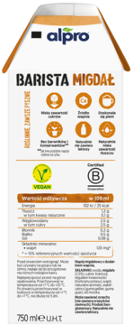 Tył białego kartonu Alpro Barista Migdał, napój roślinny. Widoczne logo Vegan, tabela odżywcza i lista składników.