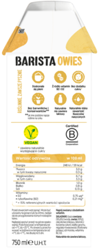Tył opakowania Alpro Barista Owsiane 750 ml, z tabelą wartości odżywczych i certyfikatem Vegan.