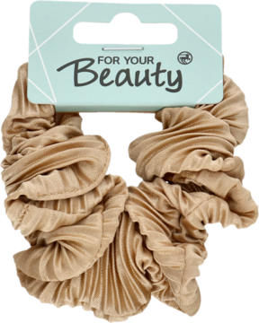 Beżowa, szeroka, plisowana gumka do włosów, na jasnoniebieskim opakowaniu 'FOR YOUR Beauty'.
