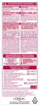 Tył opakowania farby L'Oréal Excellence Creme, z instrukcjami bezpieczeństwa, składem i pojemnościami.