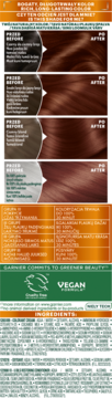 Garnier Color Naturals, kasztanowy brąz. Ulotka produktu z efektami przed/po, składnikami i certyfikatami Vegan Formula.
