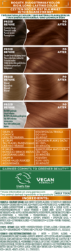 Garnier Color Naturals, złocisty brąz. Reklamowy panel farby do włosów z efektami i kluczowymi cechami.