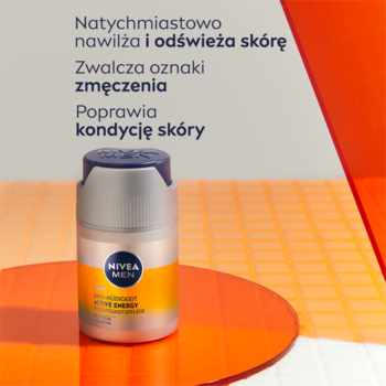 NIVEA MEN Active Energy krem z guaraną, szaro-pomarańczowa butelka na geometrycznym tle. Nawilża i odświeża.