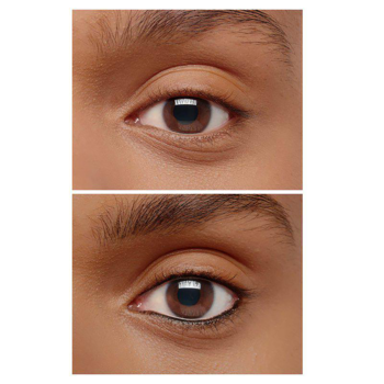 Przed i po: brązowe oko, ukazujące efekt Perfect Inliner Kajal jako czarny, definiujący eyeliner na linii wodnej.