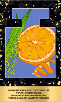 Fragrance card design: bitter orange slice with vetiver and clary sage on blue, bordered by black and gold speckles.