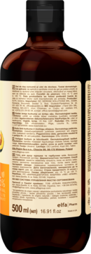 Tył brązowej butelki żelu pod prysznic elfa|Pharm 500 ml z czarną nakrętką i tekstem informacyjnym.