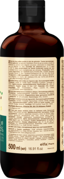 Tył brązowej butelki żelu pod prysznic Green Pharmacy, beżowa etykieta z tekstem o kawie i imbirze, 500 ml.