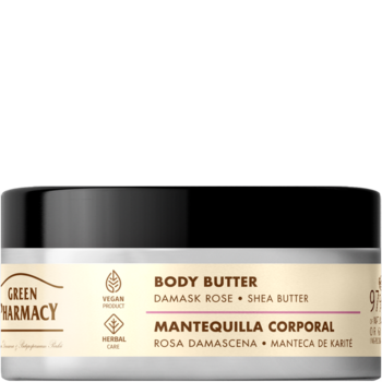 Biały słoik wegańskiego masła do ciała Green Pharmacy róża damasceńska i shea, czarna nakrętka, widok z przodu.