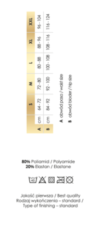 Tabela rozmiarów bielizny Gatta Essense: S-XXL, wymiary pasa/bioder w cm, skład: 80% poliamid, 20% elastan.
