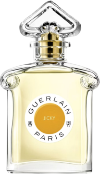 Guerlain Jicky perfumy w szklanej butelce, bursztynowy płyn, złoty korek, etykieta z nazwą Jicky, widok z przodu.