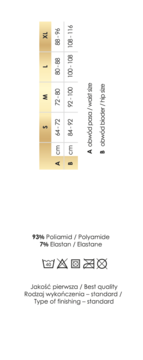 Gatta size chart showing waist/hip measurements for S-XL, plus polyamide/elastane blend and care symbols.
