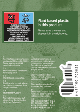 Tył zielonego opakowania podpasek Vuokkoset Plant Based z informacją o plastiku roślinnym i kodem kreskowym.