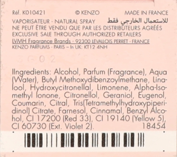 Tył opakowania Kenzo Flower by Kenzo Ikebana, beżowa etykieta z pełną listą składników perfum.