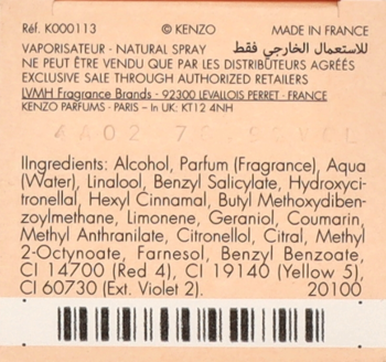 Tył beżowego opakowania perfum Kenzo Flower, widoczna lista składników, dane producenta i kod kreskowy.