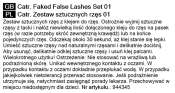 Biała etykieta z instrukcją użycia zestawu sztucznych rzęs Catr. Faked False Lashes Set 01 w języku polskim i angielskim.