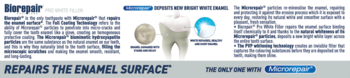 Grafika Biorepair Pro White: zęby przed i po naprawie szkliwa technologią microRepair, tekst o paście.