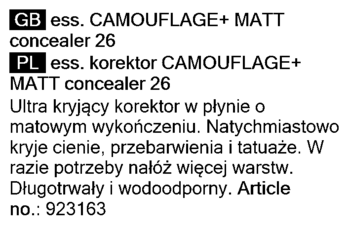 Etykieta korektora ess. CAMOUFLAGE+ MATT 26, opisująca ultra-kryjącą formułę, matowe wykończenie i wodoodporność.