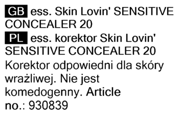 Etykieta produktu: tekst PL i GB opisujący korektor Essence Skin Lovin' Sensitive 20, niekomedogenny.