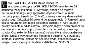 Instrukcje użycia sztucznych rzęs LASH LIKE A BOSS 02, w językach polskim i angielskim, na białym tle.