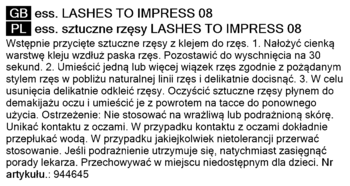 Ulotka z instrukcją użycia i ostrzeżeniami dla sztucznych rzęs Lashes to Impress 08, tekst PL i GB.
