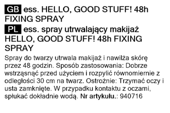 Zbliżenie na etykietę Essence Hello, Good Stuff! 48h Nawilżający Spray Utrwalający Makijaż, z opisem użycia.