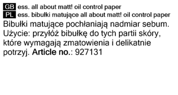 Tekst na białym tle: opis bibułek matujących Essence All About Matt! z instrukcją użycia po polsku i angielsku.