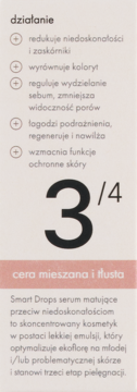 Mokosh Young Smart Drops serum matujące: etykieta z opisem działania, typem cery i dużym napisem 3/4.