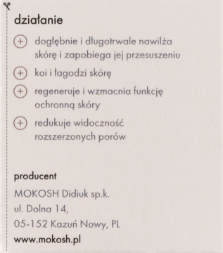 Fragment ulotki nawilżającego kremu do twarzy Mokosh, z opisem działania i informacjami producenta.
