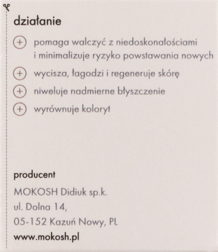 Jasnobrązowa karta Mokosh Young opisuje działanie kremu: matuje, redukuje niedoskonałości, wycisza skórę.