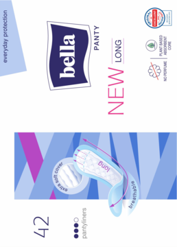 Bella Panty New Long, pionowe biało-fioletowe opakowanie wkładek higienicznych z napisem i ilustracją wkładki.