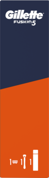 Gillette Fusion 5 zestaw do golenia: granatowo-pomarańczowe opakowanie, ikony 1 maszynki i 1 żelu. Widok przód.