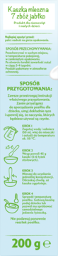 Pionowa etykieta Kaszki mlecznej 7 zbóż jabłko, z zielonymi instrukcjami przygotowania na jasnoniebieskim tle.