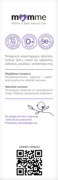 Biała ulotka momme kremu zimowego dla dzieci, z logo, oznaczeniami 0+, 98% naturalnych składników i QR kodem.
