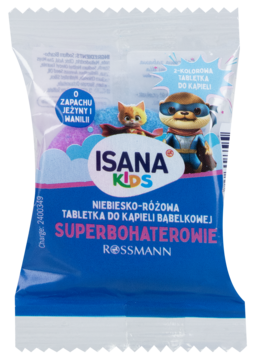 Niebieska saszetka Isana Kids Superbohaterowie, niebiesko-różowa bąbelkowa tabletka do kąpieli, widok z przodu.