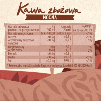 Fragment opakowania mocnej kawy zbożowej, widoczna biała tabela z wartościami odżywczymi per 100ml i 200ml.